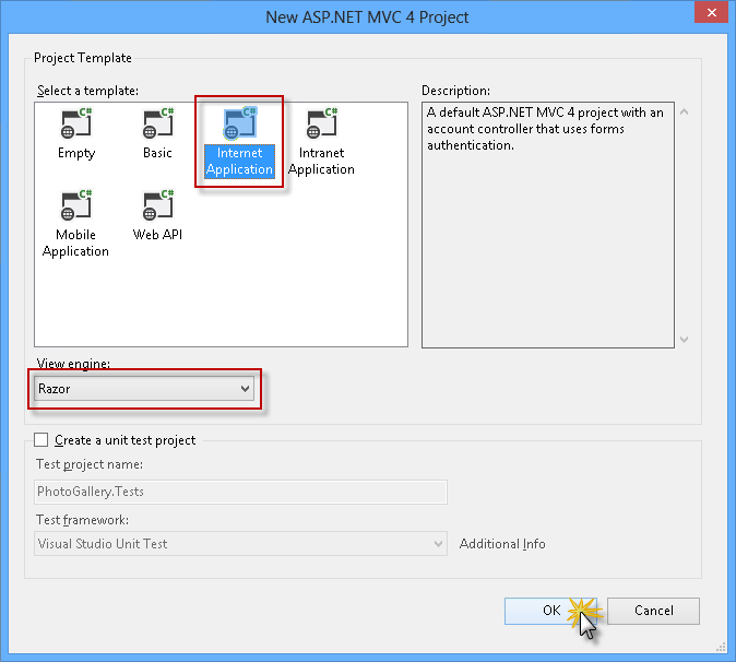 Vytvoření nové internetové aplikace ASP.NET MVC 4