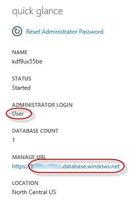 Řídicí panel serveru SLUŽBY SQL Database