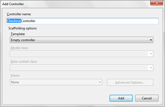 Snímek obrazovky okna Přidat kontroler s polem Název kontroleru vyplněným textem Checkout Controller (Kontrola kontroleru)