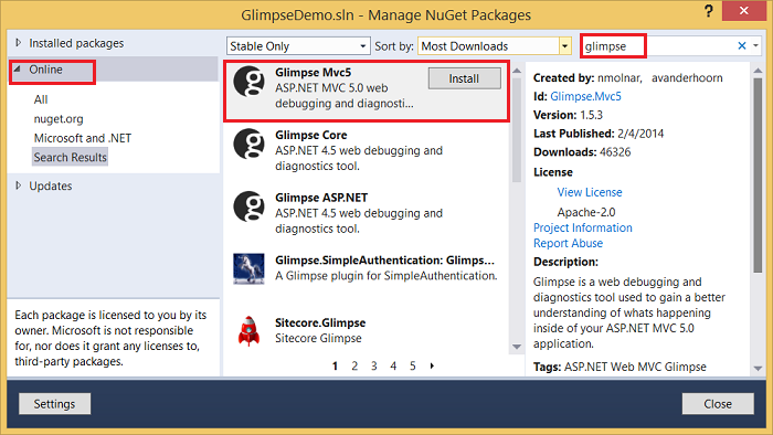 instalace Glimpse z NuGet Dlg