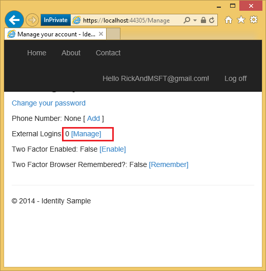 Snímek obrazovky, který zobrazuje stránku Moje A S P tečka Net Manage your account (Moje A S P tečka Net Manage your account). Vedle řádku Externí přihlášení je zvýrazněný odkaz 0 a Spravovat.