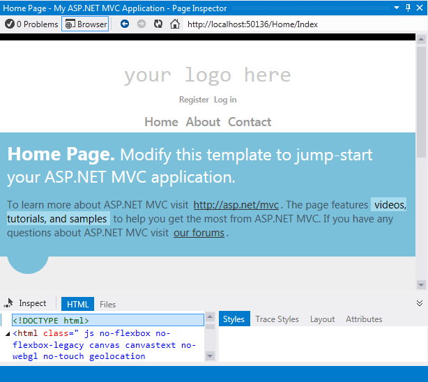 ASP.NET aplikace MVC v nástroji Page Inspector