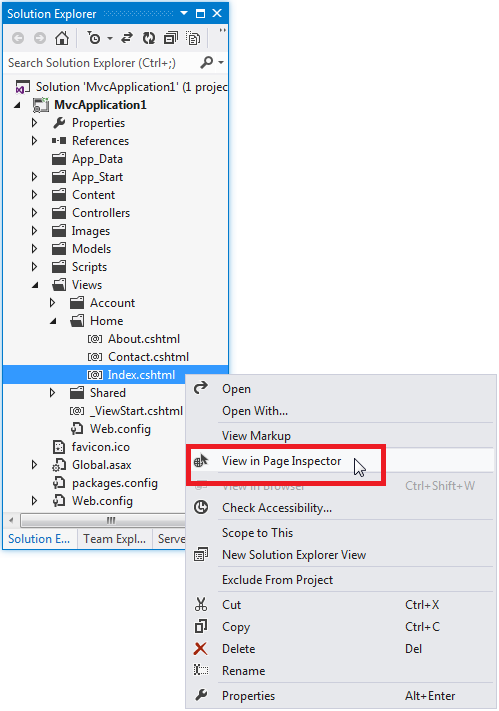 Zobrazení index.cshtml v nástroji Page Inspector