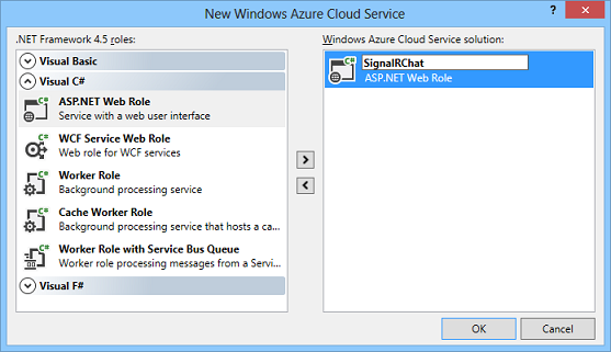 Snímek obrazovky s dialogovým oknem Nová cloudová služba Windows Azure Signal R Chat je zadaný nad webovou rolí A S P dot NET.