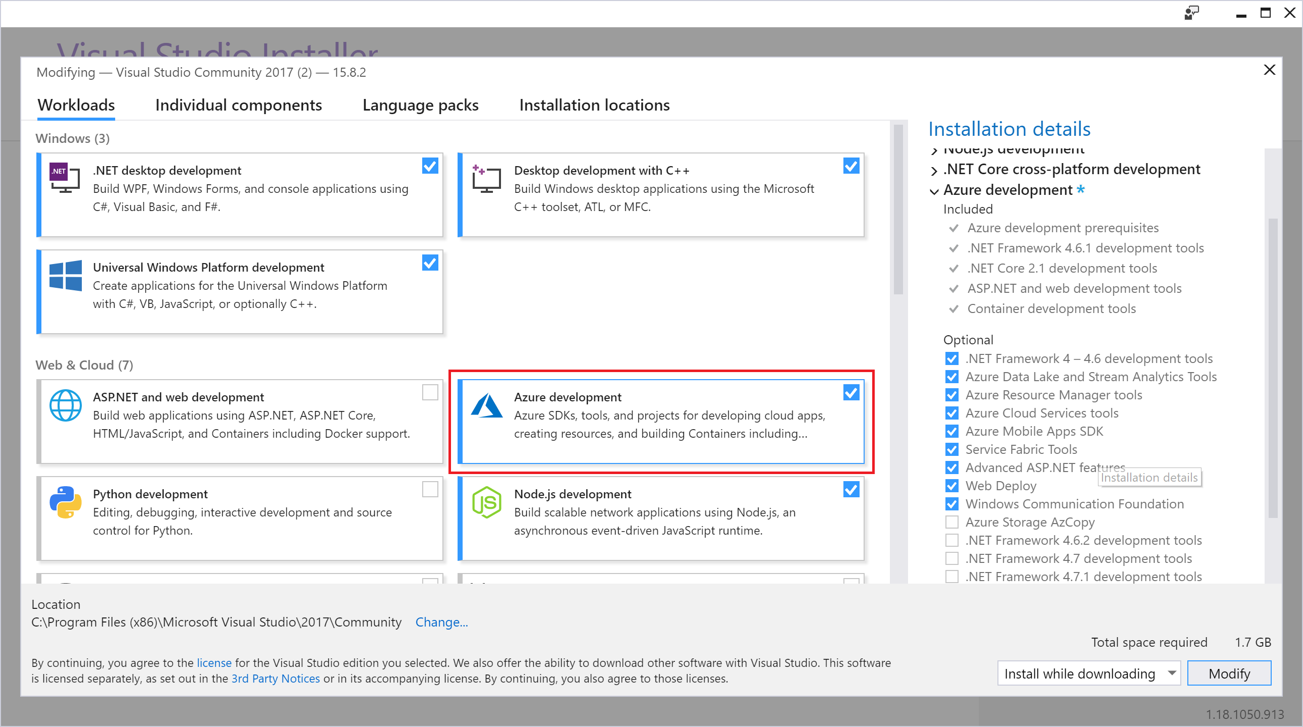 Úloha vývoje pro Azure v Instalační program pro Visual Studio