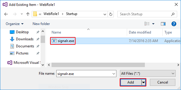 Přidání signalr.exe do projektu