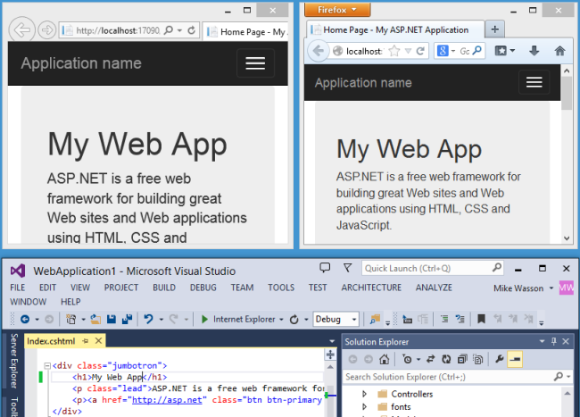 Snímek obrazovky s projektem A S P dot Net se změnami zobrazenými v oknech prohlížeče vedle sebe a projektem zobrazeným níže v sadě Visual Studio