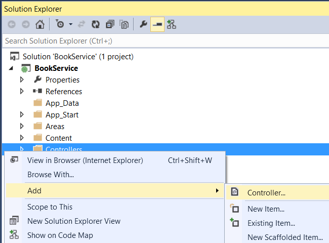 Snímek obrazovky okna Průzkumník řešení se složkou Kontrolery a položkami nabídky Přidat a Kontroler zvýrazněnými modře a žlutě