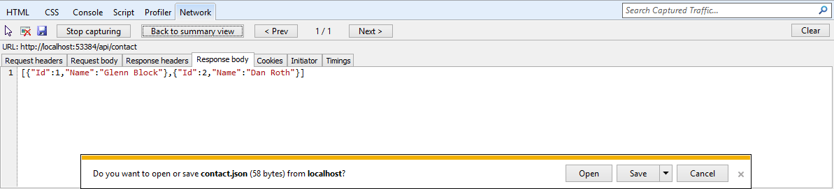 Zobrazení výstupu JSON z webového rozhraní API v okně vývojářských nástrojů