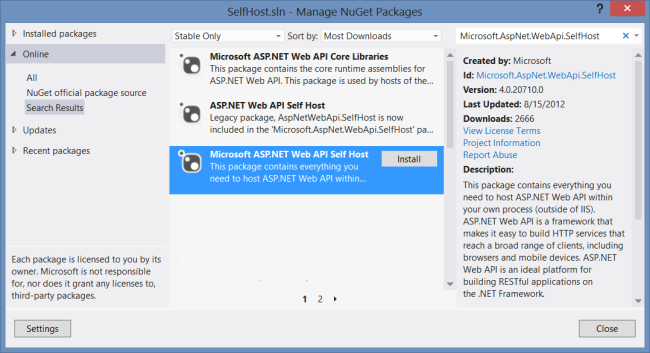 Snímek obrazovky dialogového okna Spravovat balíčky NuGet zobrazující microsoft A S P dot Net Web A P I Self Host, který je modře zvýrazněný