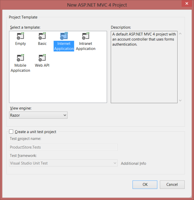 Snímek obrazovky nového projektu A S P dot net M V C 4 v sadě Visual Studio Šablona Internetové aplikace je zvýrazněná.