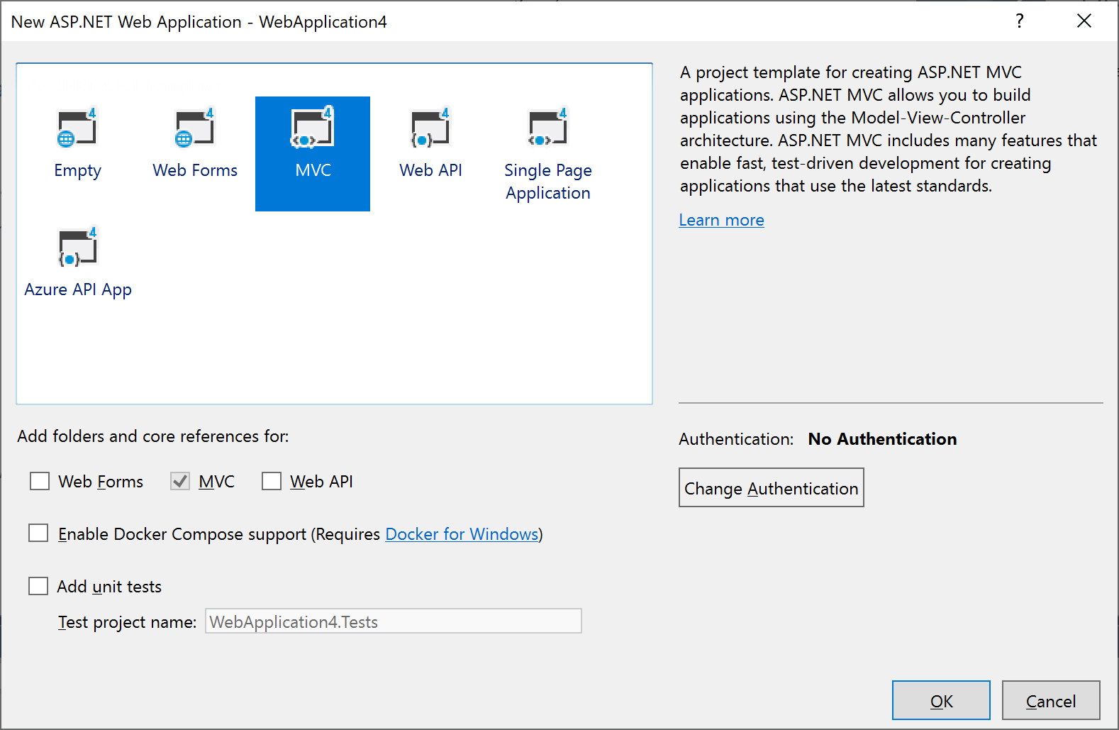 Šablona MVC v dialogovém okně Nový projekt ASP.NET v sadě Visual Studio