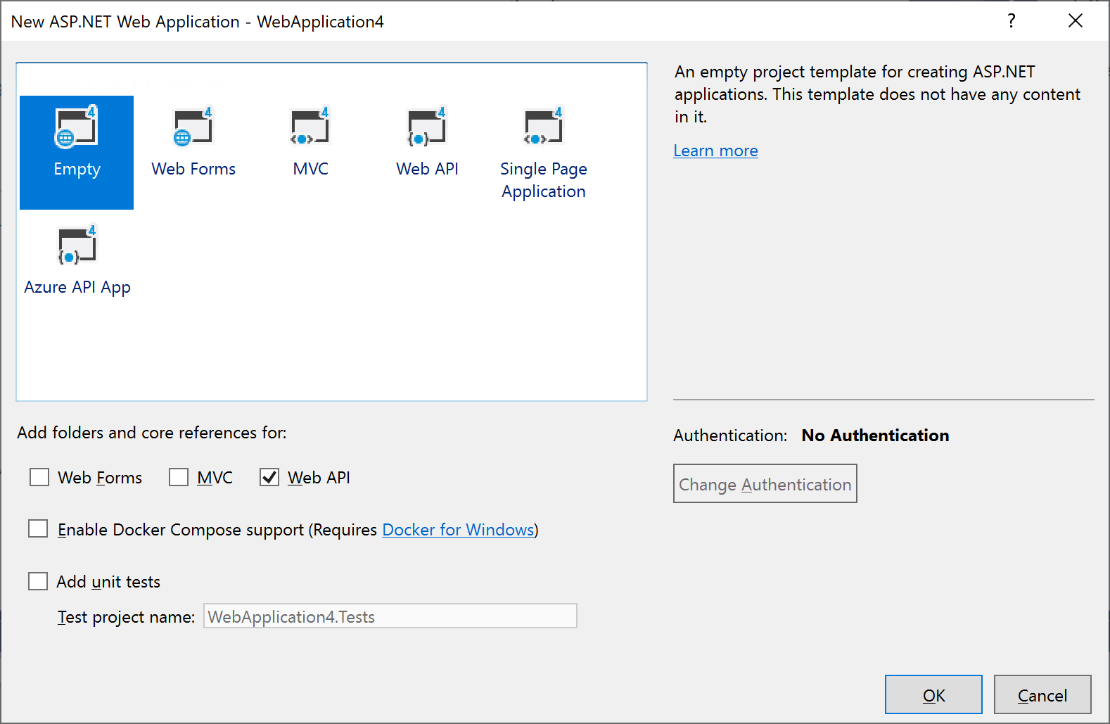 Dialogové okno Nový projekt ASP.NET v sadě Visual Studio