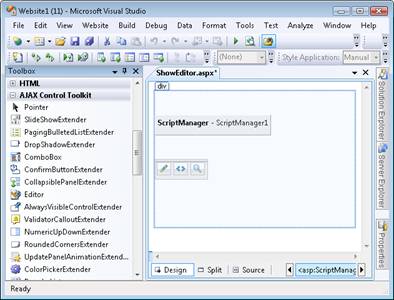 Visual Studio Designer s ovládacím prvku ScriptManager a edit