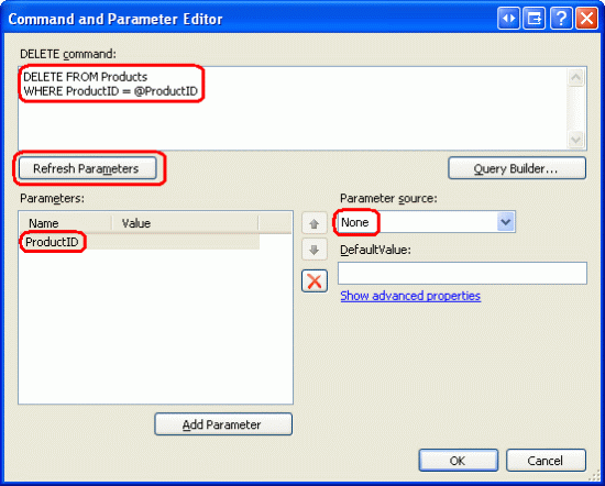 Snímek obrazovky s oknem command and parameter Editor s parametrem <span class=