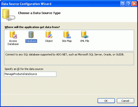 Vytvoření nového zdroje dat Sql s názvem ManageProductsDataSource