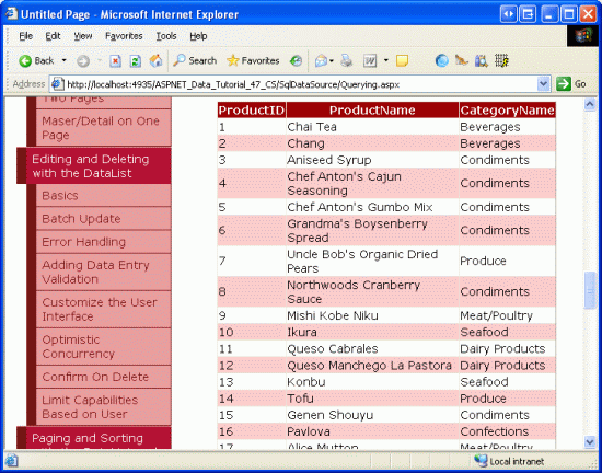 GridView zobrazuje id, název a přidružený název kategorie jednotlivých produktů.