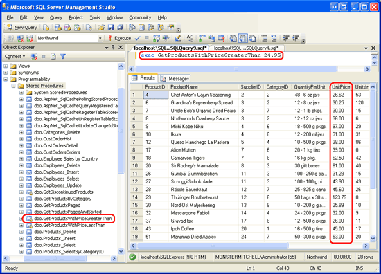 Snímek obrazovky s oknem Microsoft SQL Server Management Studio zobrazující spuštěnou uloženou proceduru GetProductsWithPriceGreaterThan, která zobrazuje produkty s jednotkovouprice vyšší než 24,95 USD.