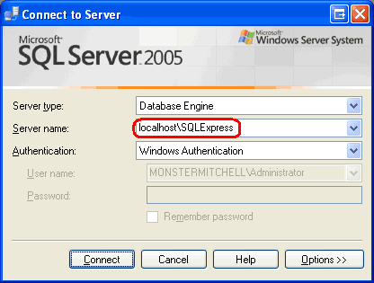 Snímek obrazovky s oknem Připojit k serveru v aplikaci SQL Server Management Studio