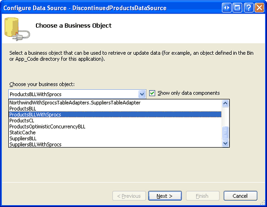 Konfigurace ObjectDataSource pro použití Třídy ProductsBLLWithSprocs