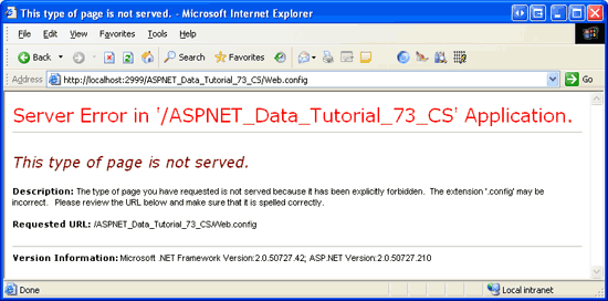 Při návštěvě Web.config prostřednictvím prohlížeče se vrátí zpráva Tento typ stránky se neobsloužil.