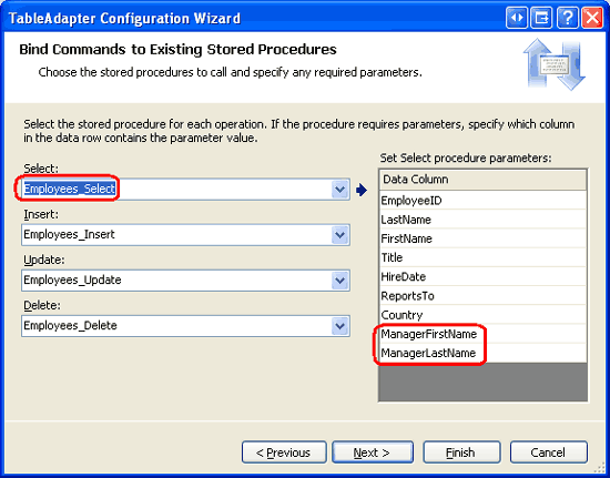 Průvodce zobrazí seznam aktualizovaných sloupců pro uloženou proceduru Employees_Select.