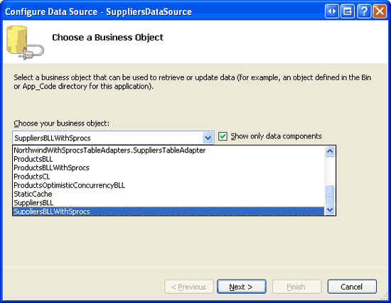 Konfigurace ObjectDataSource pro použití Třídy SuppliersBLLWithSprocs