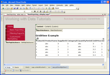 Objekt GridView byl přidán na stránku a vázán na ObjectDataSource