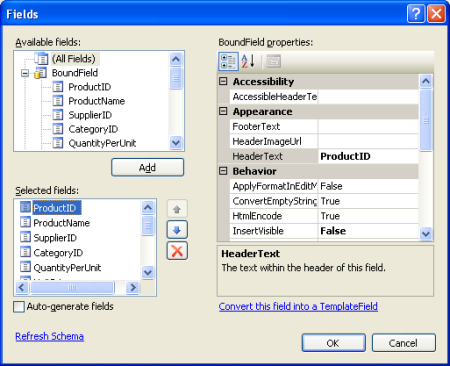 Správa boundfields objektu GridView v dialogovém okně Upravit sloupce