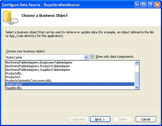 Konfigurace objektu ObjectDataSource pro použití třídy StaticCache