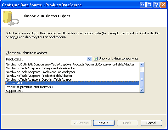 Konfigurace ObjectDataSource pro použití třídy ProductsBLL