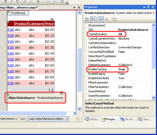 Konfigurace objektu ObjectDataSource pro ukládání dat do mezipaměti po dobu 30 sekund