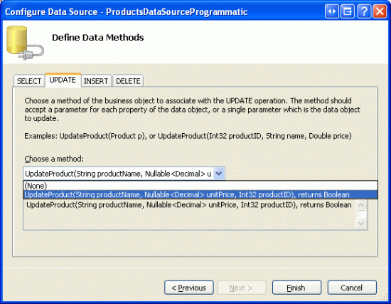 V seznamu Drop-Down karet UPDATE zvolte metodu UpdateProduct.