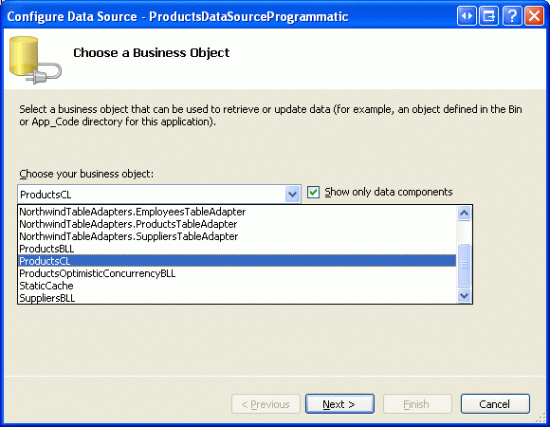 Konfigurace ObjectDataSource pro použití třídy ProductsCL