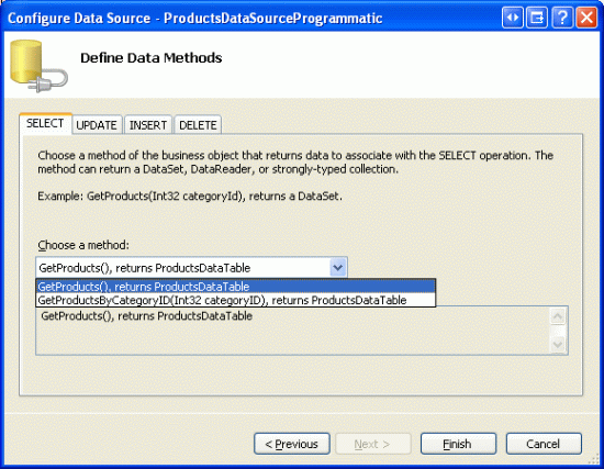 V seznamu Drop-Down karet SELECT vyberte metodu GetProducts.