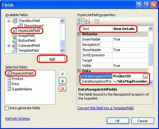 Přidání hyperlinkfieldu podrobností zobrazení, které odkazuje na ProductDetails.aspx