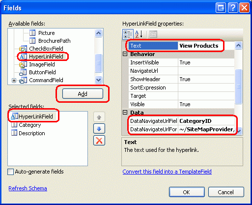 Přidání HyperLinkFieldu do objektu Categories GridView