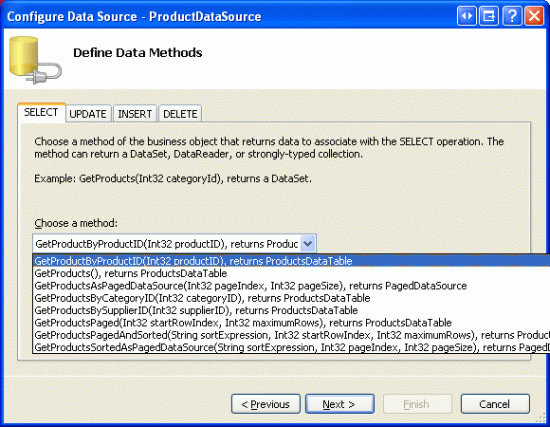 Konfigurace ObjectDataSource pro použití metody GetProductByProductID(productID)