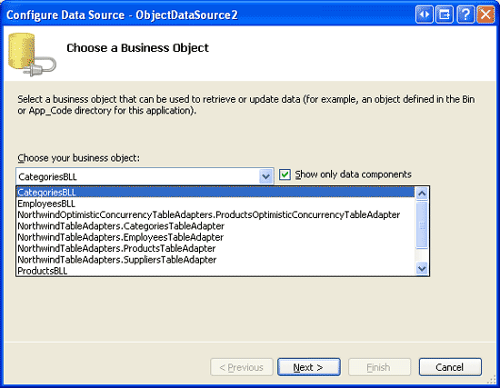 Konfigurace ObjectDataSource pro použití kategorieBLL třídy