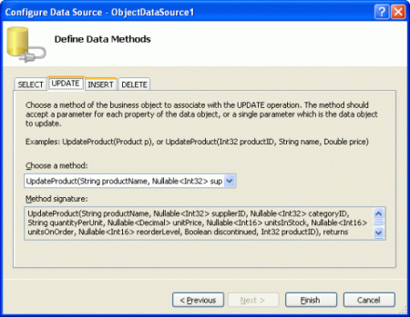 Namapujte metodu Update() ObjectDataSource na metodu UpdateProduct třídy ProductBLL.