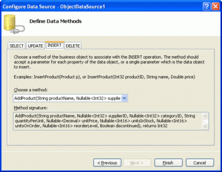 Namapujte metodu Insert() ObjectDataSource na metodu AddProduct třídy ProductBLL.