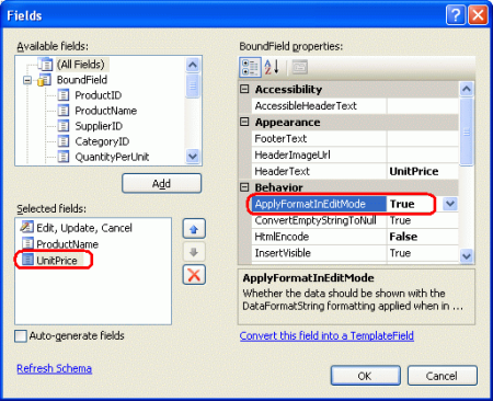 Nastavení Vlastnosti ApplyFormatInEditMode UnitPrice BoundField na hodnotu true