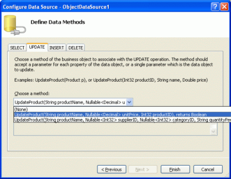 Mapovat ObjectDataSource Update() Metoda na New UpdateProduct Přetížení