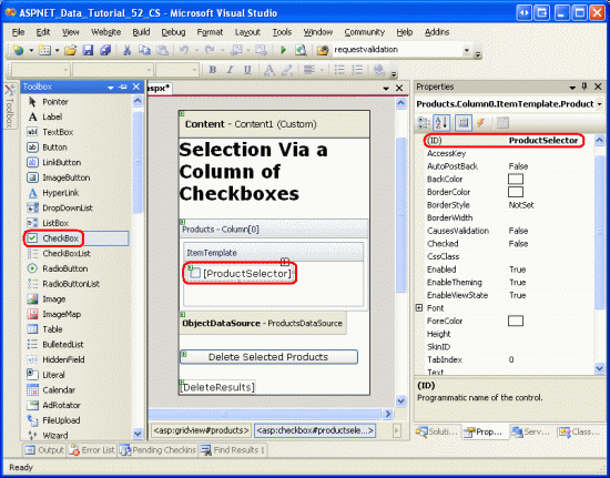 Přidání webového ovládacího prvku CheckBox s názvem ProductSelector do TemplateField s ItemTemplate