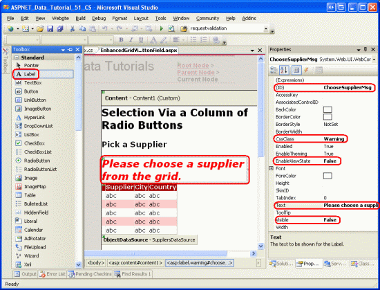 Přidání webového ovládacího prvku Label nad GridView