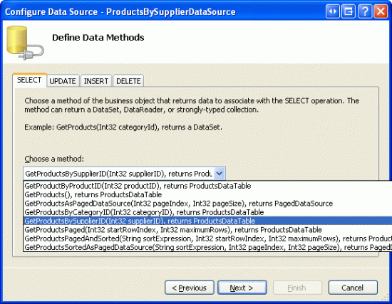 Konfigurace ObjectDataSource na použití metody GetProductsBySupplierID(supplierID)