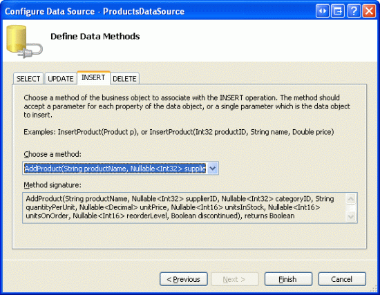 Namapujte metodu AddProduct na metodu ObjectDataSource s Insert()