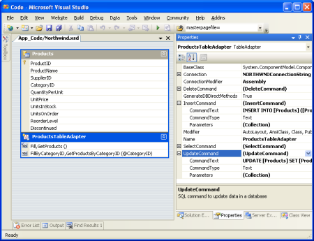 Objekt TableAdapter má vlastnosti InsertCommand, UpdateCommand a DeleteCommand.