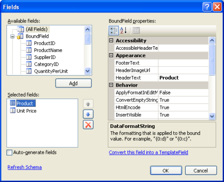 Odebrat vše kromě ProductName a UnitPrice BoundFields