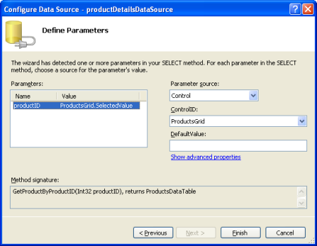 Nastavte parametr productID na vlastnost SelectedValue objektu GridView.